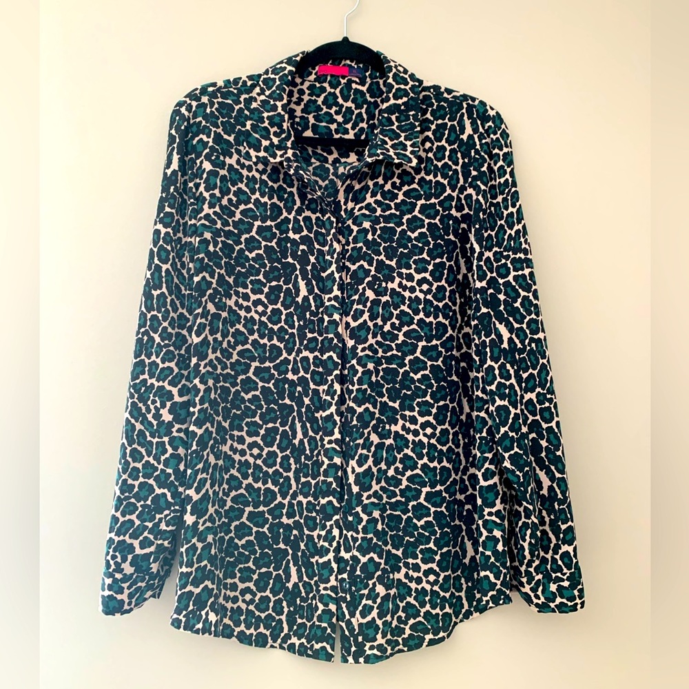 Green leopard long sleeve button down blouse